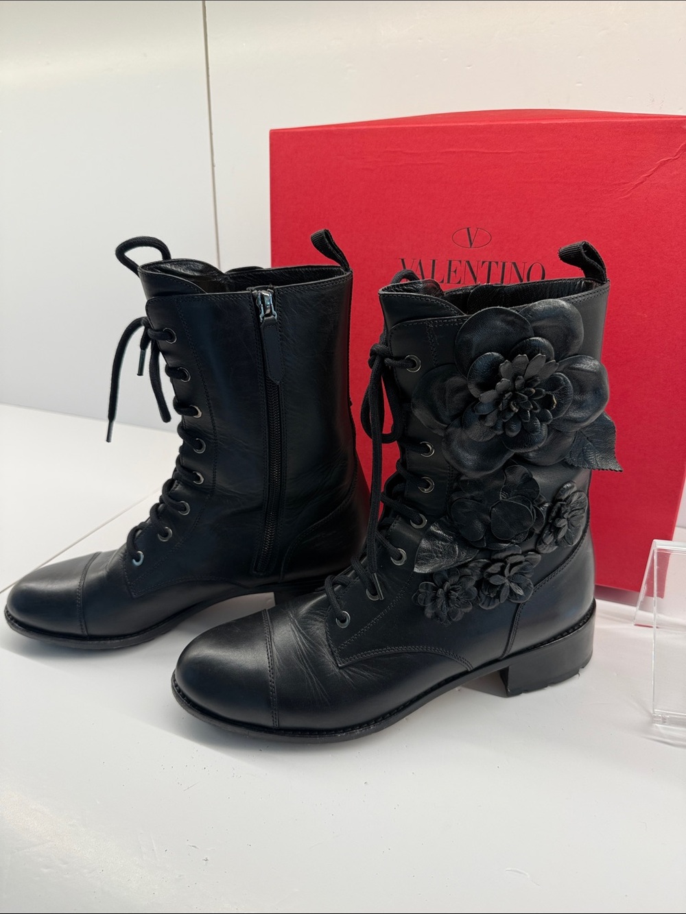 Valentino Black Leather Floral Lace-Up Boots